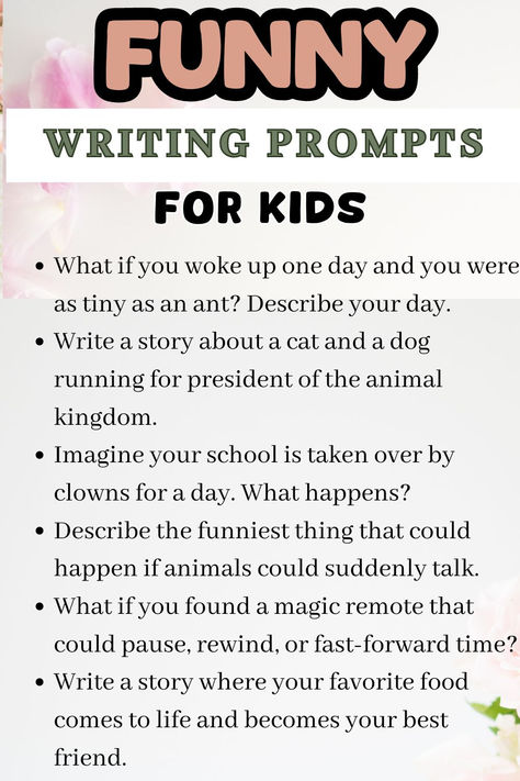 Here are some funny writing prompts for kids that they will love and enjoy doing. The writing prompts for kids will tap into their creativity. These humorous writing prompts will add a burst of laughter to your writing and inspire stories all on their own. Click to read more Fun Teaching Activities, Grade 4 Writing Prompts, What If Writing Prompts, Fun Writing Prompts For Kids, November Writing Prompts For Kids, Fun Activities To Do With Kids At School, Writing Prompts 3rd Grade, 6th Grade Writing Prompts, Writing Prompts Kids