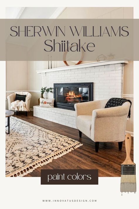 Looking for the perfect neutral paint color for your home? Sherwin Williams Shiitake is the perfect warm off-white paint color for using throughout the home! Whole house paint color scheme. Interior design ideas from a professional interior designer. #paintcolor #paintcolors #paintcolorideas #paintcolorinspo #sherwinwilliamspaint #sherwinwilliamspaints #neutralpaintcolor #neutralpaintcolors #neutralpaints Sherwin Williams Japandi, Shitake Paint Sherwin Williams Coordinating Colors, Shiitake Sherwin Williams Color Scheme, Shiitake Color Palette, Sherwin Williams Shiitake Coordinating Colors, Shitake Sherwin Williams Paint Cabinets, Shiitake Sherwin Williams Living Room, Sw Shiitake Paint Color, Accessible Beige Sherwin Williams Walls