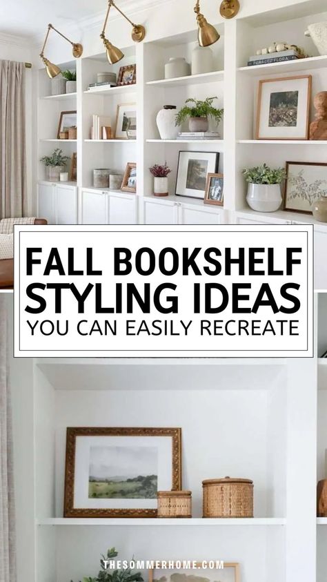 Explore cozy vibes with our blog post on Decorating for Fall: Fall Bookshelf Decor Ideas. Discover creative ways to incorporate Fall Bookshelf Decor into your home. From rustic accents to autumn hues, find inspiration for Decorating For Fall that transforms your bookshelves into seasonal showcases. Decorating Bookshelves For Fall, Decorating Living Room Shelves, Fall Bookshelf Decor, Living Room Bookshelf Decor, Built In Shelf Decor, Bookshelf Decor Ideas, Fall Bookshelf, Style Bookshelves, Fall Living Room Ideas