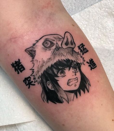 Halloween Anime Tattoo, Inosuke Tattoo Design, Demon Slayer Tattoo Inosuke, Anime Tattoo Women, Inosuke Tattoo Ideas, Nezuko Tattoo Ideas, Manga Tattoo Ideas, Naruto Yahiko, Small Anime Tattoo