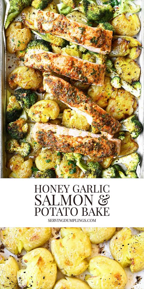 Honey Garlic Salmon and Potato Bake - Serving Dumplings Salmon Roasted Potatoes, Salmon And Potato Skillet, Salmon Broccoli Potatoes, Salmon And Potato Salad, Salmon Vegetables Recipes, Potato And Salmon Recipe, Salmon Potato Bake, Salmon Loaded Baked Potato, Salmon Potato Recipes