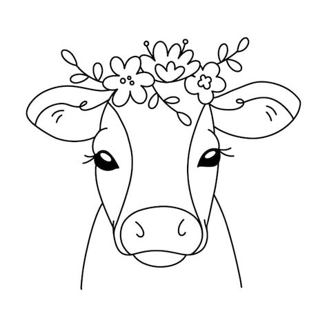 Cute cow with a bouquet of flowers outli... | Premium Vector #Freepik #vector #cartoon-sketch #line-drawing #animal-drawing #black-white-illustration Cow Outline Tattoo, Cow Line Drawing, Flowers Outline, Cow Sketch, Animal Line Drawings, Cow Drawing, A Bouquet Of Flowers, Cow Painting, Cute Cow