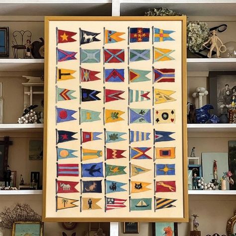 Mary Maguire on Instagram: "🚩⚓️I am in a flag frenzy! My concept for these pieces was to bring bright colors and fun shapes into my collection, while keeping the subjects cohesive and true to my artwork. I am offering these ‘Nautical Flags’ at two sizes, that measure approximately 18 x 24 and a super sized 28 x 40!⚓️🚩 Also available, the ‘Signal Flags- Alphabet’ in maritime signal flags (slide 2) at approximately 16 x 42 inches #alphabet #marymaguire #antique #marymaguireart #flag #flags #nauticalflags #nautical #nauticalart #customart #customartwork #watercolor #art #gallerywall #decor #interiordecorating #interiordesign #interior #watercolors #interiorstyling #gilt #giltframe #folkart #painting #signalflags #semaphore #maritime" Flag Interior Design, Nautical Flags Decor, Nautical Flag Art, Maritime Signal Flags, Nautical Flag Alphabet, Thesis Inspiration, Flag Drawing, Nautical Flag, Flag Alphabet