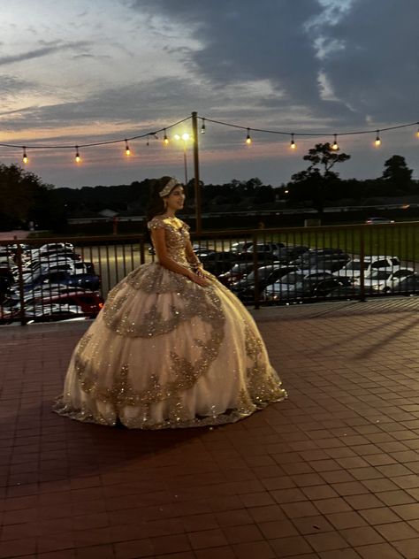 Pink And Gold Quinceanera Dress, Champagne Quinceanera, Quinceanera Masquerade, Champagne Quince, Rose Gold Quince, Quince Planning, Champagne Ball Gown, Sparkly Champagne, Quince Stuff