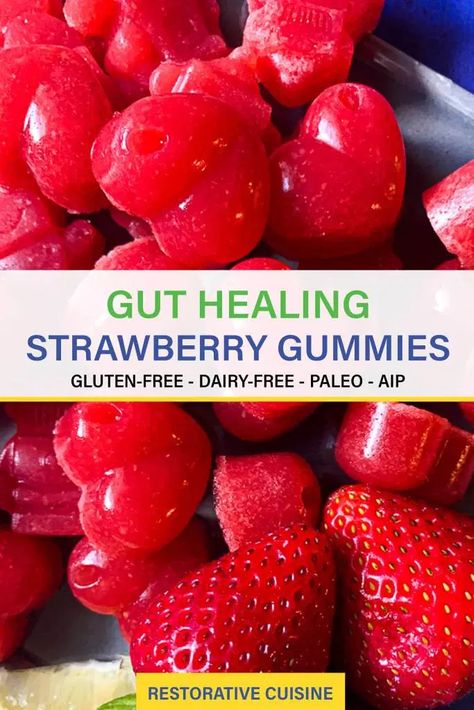 These gut-healing strawberry gummies are sweet, tangy, and tart! A great way to get extra collagen in no matter how old you are. ⁠ . . . . #gummies #paleo #paleodiet #dairyfree #nightshadefree #keto #lowcarb #desserts #kidsnack #kidfood #fruitsnacks #candy ⁣⁠ Gummies With Agar Agar, Bovine Gelatin Gummies, Protein Gummies Recipes, Homemade Healthy Gummies, Beef Gelatin Gummies, Fruit Candy Recipes, Pectin Gummies, Immune Gummies, Protein Gummies