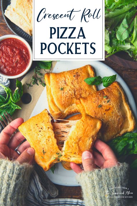 Easy and fast, these crescent roll pizza pockets make a delicious dinner that's ready in less than 30 minutes! A kid favorite, the shortcut homemade calzones can be customized for each individual diner -- keep them vegetarian, load them up with pepperoni, or make them simple and cheesy with just 3 basic ingredients! Served with a side salad and some extra marinara sauce for dipping, this is one meal that the whole family can agree on. Pizza Pockets Homemade, Pizza Pockets Recipe, Homemade Pizza Pockets, Homemade Hot Pockets, Homemade Crescent Rolls, Crescent Roll Pizza, Pizza Pockets, Vegetarian Italian, Vegetarian Pizza