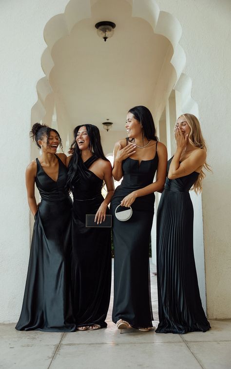 High Halter Neckline Bridesmaid Dress in Velvet - 9808 Black Satin Bridesmaids Dress, Bridesmaid Dresses That Flatter Everyone, Wedding Brides Made Dresses, Black Made Of Honor Dresses, Classy Wedding Party Colors, Chic Black Bridesmaid Dresses, Black Wedding Theme Bridesmaid Dress, Elegant Wedding Bridesmaids, Black Silk Dress Bridesmaid