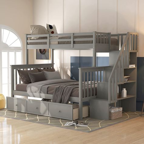 Bunk Bed Twin Over Full, Stairway Storage, Grey Bunk Beds, Bunk Bed With Stairs, Stairway Bunk Beds, Bed With Stairs, Bunk Bed Frame, Solid Wood Bunk Beds, White Bunk Beds