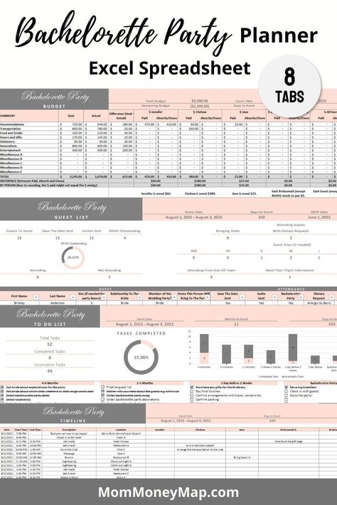 wedding budget spreadsheet template Bachelorette Budget, Bachelorette Checklist, Plan A Bachelorette Party, Bachelorette Party Checklist, Expense Categories, Party Planner Template, Bachelorette Party Planner, Party Timeline, Budget Spreadsheet Template