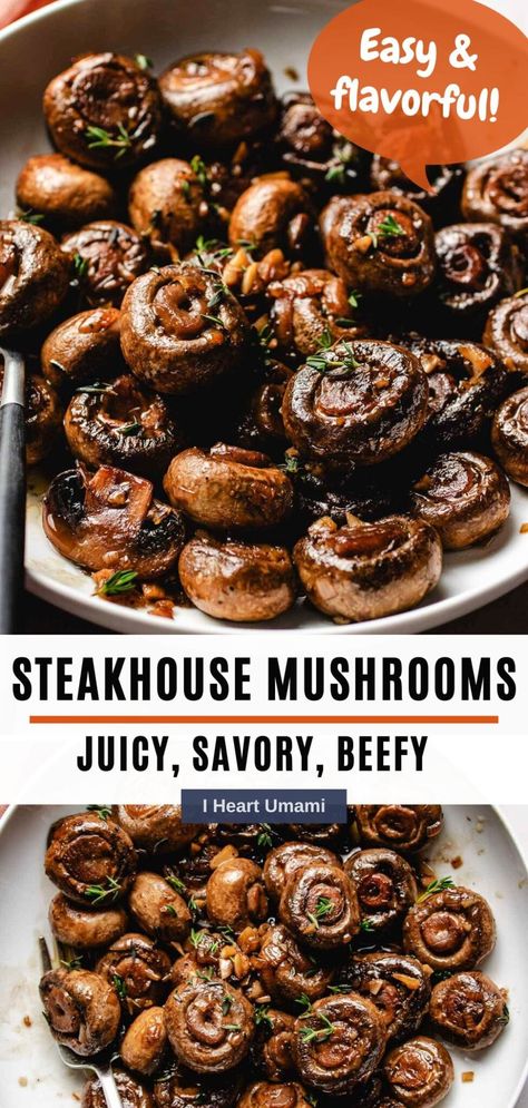 Learn how to make the best steakhouse mushrooms with simple ingredients, less oil, and perfectly browned mushrooms just like the restaurants. #steakhousemushrooms #mushroomsforsteak #mushroomsidedish #sauteedmushrooms Steakhouse Mushrooms, Umami Recipes, Mushroom Side Dishes, Vegan Fried Chicken, The Best Steak, Keto Healthy, Mushroom Dish, Holiday Dishes, Steak And Mushrooms