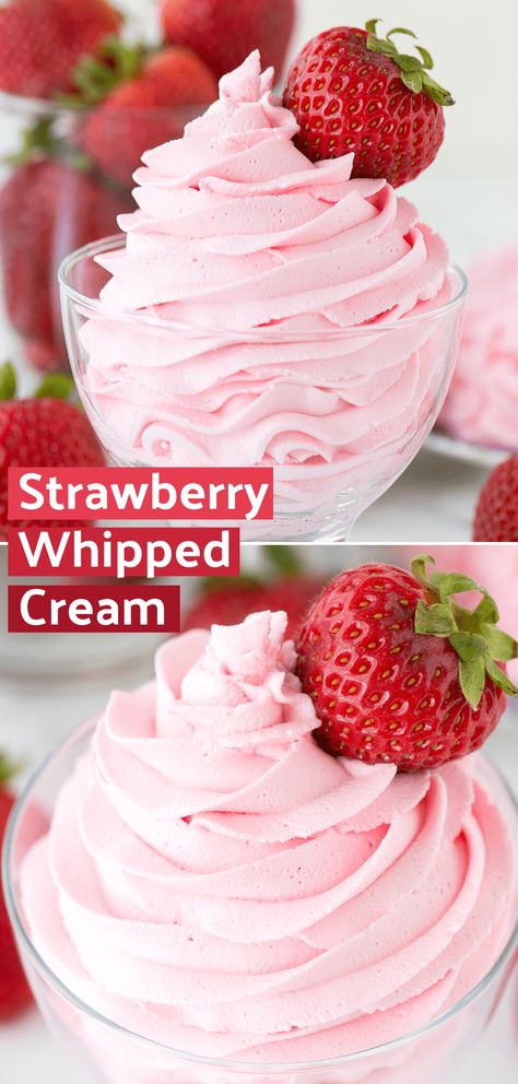 This homemade strawberry whipped cream is a lick-the-bowl-clean type of recipe! The feedback I get on this recipe is that everyone goes crazy over it, and it’s so easy - winner! With only 3 ingredients, you’ll have strawberry whipped cream to frost cupcakes, cake and pie. Strawberry Cream Recipe, Strawberry Cream Dessert, Strawberries Blonde, Drawing Strawberries, Shortcake Strawberries, Strawberries Drawing, Strawberries Photography, Strawberries Pie, Strawberries Shortcake