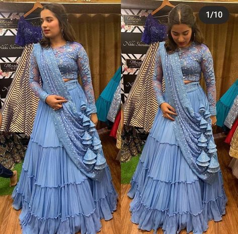 Light Blue Lehenga, Ruffle Lehenga, Lehenga Choli Wedding, Lehnga Dress, Blue Lehenga, Half Saree Designs, Choli Designs, Ghagra Choli, Party Wear Lehenga