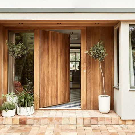 Contemporary Front Doors, Terracotta Tile, Door Picture, Contemporary Doors, Terracotta Floor, Hardwood Doors, Modern Rustic Decor, Natural Pigments, Front Door Design