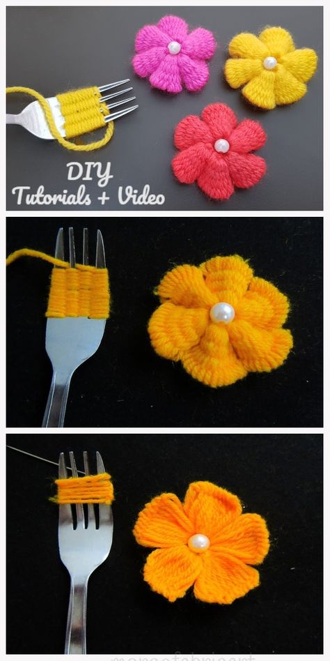 Fun Hand Embroidery Yarn Flower DIY Tutorial with Fork - Video Påskeaktiviteter For Barn, Fork Crafts, Yarn Flower, Embroidery Yarn, Diy Flores, Yarn Flowers, Seni Dan Kraf, Diy Yarn Crafts, Crocheted Flowers