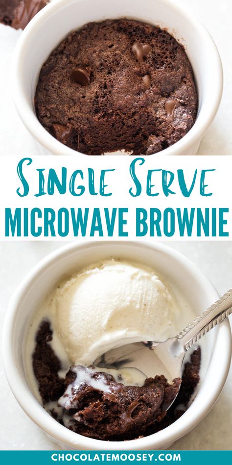 This Single Serve Microwave Brownie is made in a ramekin. It is a quick single serve chocolate dessert you can make in under 5 minutes. It’s a warm and fudgy eggless brownie for one for those days you need it the most. This is not a chocolate mug cake masquerading as a brownie. No cakey soft texture here! Single Serve Fudge Brownie, Eggless Mug Brownie, Easy 1 Serving Dessert, One Cup Brownies Mug Cakes, Eggless Cookie In A Mug, Eggless Chocolate Mug Cake, One Person Brownie, Single Brownie Recipe, Single Serving Recipes Desserts