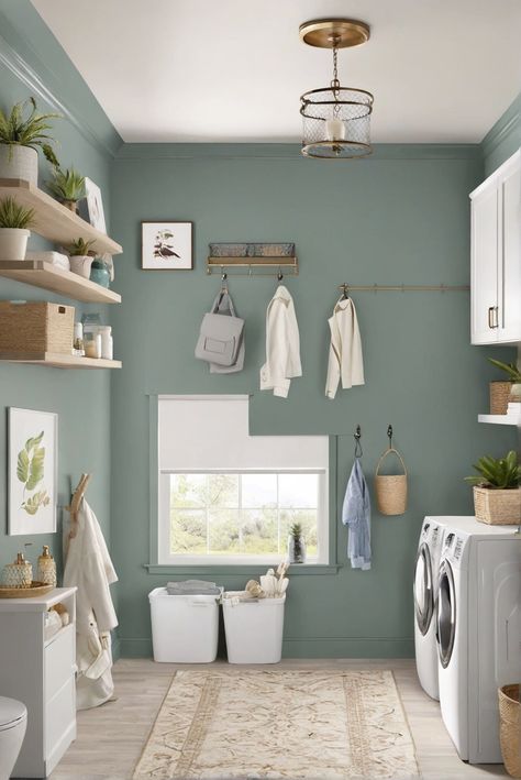 laundry room, makeover, paint colors, trendiest Mudroom Laundry Room Paint Color, Behr Paint Colors For Laundry Room, Laundry Room Paint Colors With White Cabinets, Laundry Room Ideas Green Walls, Turquoise Laundry Room Ideas, Color Cabinets Laundry Room, Wall Color For Laundry Room, Laundry Paint Ideas Wall Colors, Laundry Color Palette