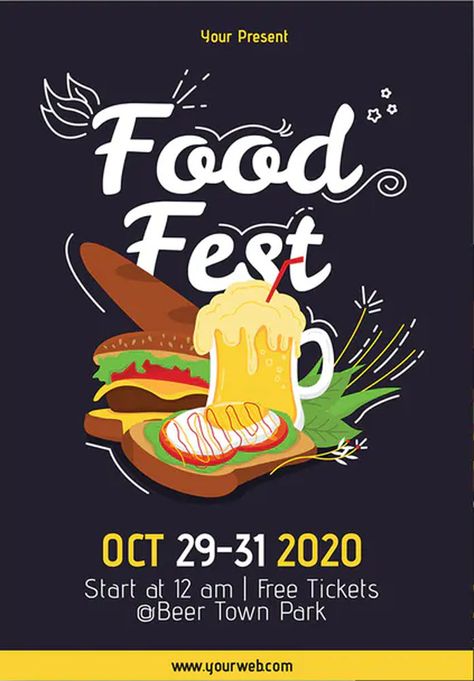 Food Festival - Poster Template. EPS, AI, PSD. A3 Size (297 x 420mm) Bleed. 300 dpi, CYMK Print Ready. Easily customizable (text, color, image and all). Smart Object ready. Organized Layers and Folders. Food Fest Poster Design, Food Festival Logo Design, Foodfest Poster, Food Fair Poster, Cooking Competition Poster, Food Event Poster, Street Food Poster, Food Festival Branding, Food Festival Design