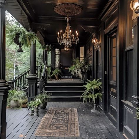 Goth Exterior Home, Gothic Ranch House, Goth Porch, Victorian Gothic House Exterior, Gothic Patio, Gothic Victorian House Interior, Mossy Wreath, Cottage Halloween, Gothic Victorian House