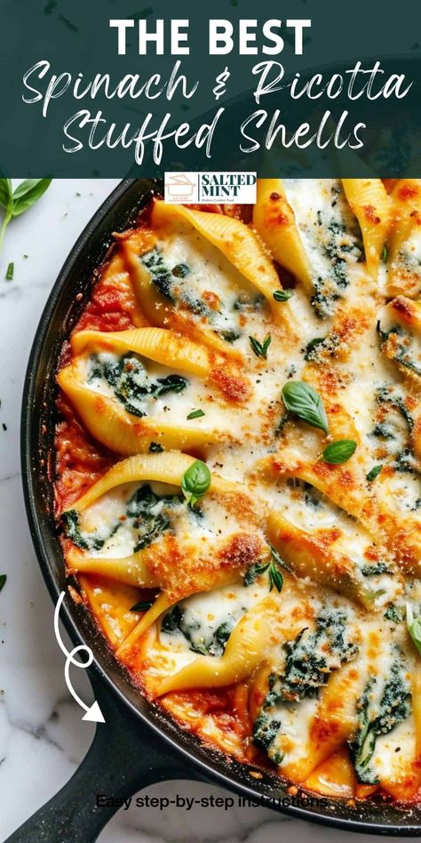 Enjoy a delicious and easy dinner recipe with spinach and ricotta stuffed shells. This vegetarian dish combines 3 cheeses, garlic, and Italian seasoning, all baked with marinara sauce. Perfect stuffed pasta shells for any night! Spinach Stuffed Shells With Meat Sauce, Cheesy Spinach Stuffed Shells, Ricotta Stuffed Pasta, Ricotta Pasta Shells, Recipes For Two On A Budget, 3 Cheese Stuffed Shells, Stuffed Shells Recipe Vegetarian, Easy Dinner Recipes Pescatarian, Dinner Ideas 2 People