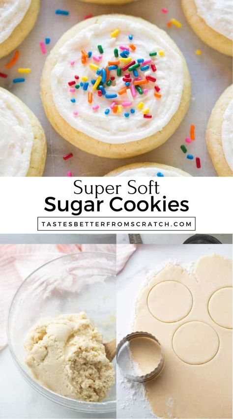 Simple Super Soft Sugar Cookies recipe. Perfect for holiday decorating and gift-giving. Better Homes And Gardens Sugar Cookie Recipe, Soft Cut Out Sugar Cookie Recipe, Super Soft Sugar Cookies, Frosted Sugar Cookies Recipe, Best Soft Cookies, How To Make Sugar Cookies, Vintage Sugar Cookie Recipe, Easy Soft Sugar Cookie Recipe, Decorated Sugar Cookies Ideas