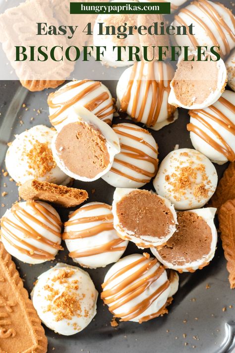 Grey tray with biscoff truffles piled on top and biscoff cookies Caption reads: Easy 4 Ingredient Biscoff Truffles Mini Biscoff Desserts, Biscoff Cake Pops, Biscoff Truffles Recipe, Easy Biscoff Desserts, Biscoff Recipes Easy, Biscoff Dessert Recipes, Biscoff Bites, Desert Bites, Quick Sweet Treats