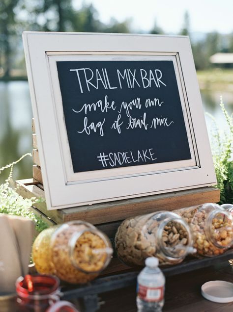 Diy Trail Mix Bar, Wedding Reception Food Stations, Campsite Wedding, Wedding Buffet Menu, Trail Mix Bar, Wedding Brunch Reception, Rustic Wedding Foods, Diy Wedding Food, Wedding Food Stations