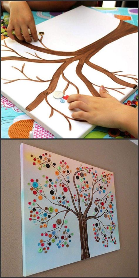 Button Tree Canvas, Canvas Painting Ideas For Kids, Button Tree Art, Button Art On Canvas, Easy Canvas Painting Ideas, Painting Ideas For Kids, Button Canvas, Tas Denim, Buttons Crafts Diy