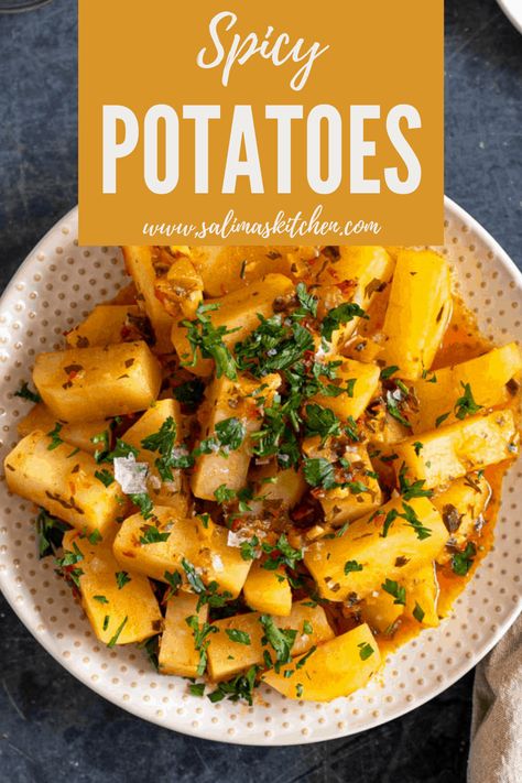 Join me in making these spicy potatoes that are seasoned with preserved lemon, parsley and Moroccan spices. #spicypotatoes #moroccanpotatosalad #potatosalad Spicy Potatoes, Moroccan Salad, Moroccan Dishes, Preserved Lemon, Hot Chili Sauce, Mind Diet, Moroccan Spices, Chicken With Olives, Preserved Lemons