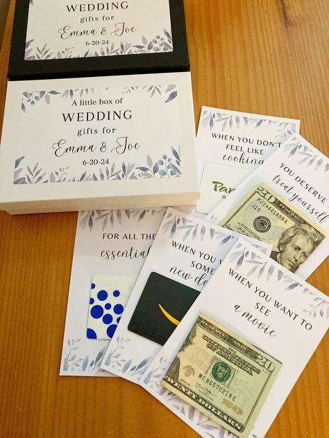 Are you looking for a personalized wedding gift  or bridal shower gift that will actually get used? Give the newlyweds a unique book filled with gift cards to all of their favorite places and experiences!  The box is 5x7 inches and includes 20 4x6 cards to add cash or gift cards to. There is a message card included that you can personalize along with 2 blank cards. Simply use the cards you want and take out the rest! There are options for your favorite retailers, restaurants, and goodies. Attach Fun Ways To Give Money As A Bridal Shower Gift, Date Night Gift Card Basket, Bridal Shower Gift Card Ideas, Wedding Shower Gift Card Presentation, Gift Card Wedding Gift Ideas, Wedding Shower Money Gift Ideas, Gift Card Bridal Shower Ideas, Bridal Shower Gift Card Presentation, Bridal Shower Money Gift Ideas