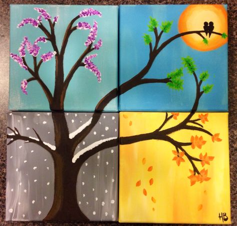 the four seasons, acrylic paints, 4 canvases, made by me:) 4 Season Painting Canvases, 4 Seasons Drawing, 4 Seasons Painting, Four Seasons Painting, Four Seasons Art, Canvas Painting Projects, Paint Nite, Small Canvas Paintings, Paint Night