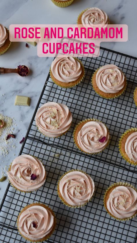 Cardamom Cupcake Recipes, Vday Baking, Rosemary Cupcakes, Cardamom Cupcakes, Rose Muffins, Pistachio Cupcakes, Cottage Recipes, Rose Growing, Cupcake Business