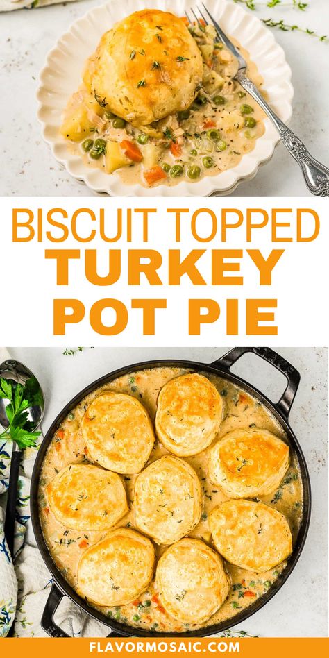 Warm up with a comforting Biscuit Topped Turkey Pot Pie, where tender turkey mingles with hearty vegetables in a creamy broth, all topped with golden, flaky biscuits. This cozy dish transforms leftover turkey into a family favorite, perfect for chilly evenings. Baked to perfection, each bite delivers satisfaction and nostalgia. Serve it hot, garnished with fresh herbs for an extra touch! Beef Pot Pie Recipe Easy Biscuits, Turkey Biscuit Pot Pie, Pot Pie Biscuit Recipe, Turkey Potpie With Biscuits Easy Recipes, Turkey Dinner Pie, Lazy Pot Pie, Easy Turkey Pot Pie Recipe Biscuits, Meals Using Leftover Turkey, Turkey Pot Pie Recipe Easy Bisquick