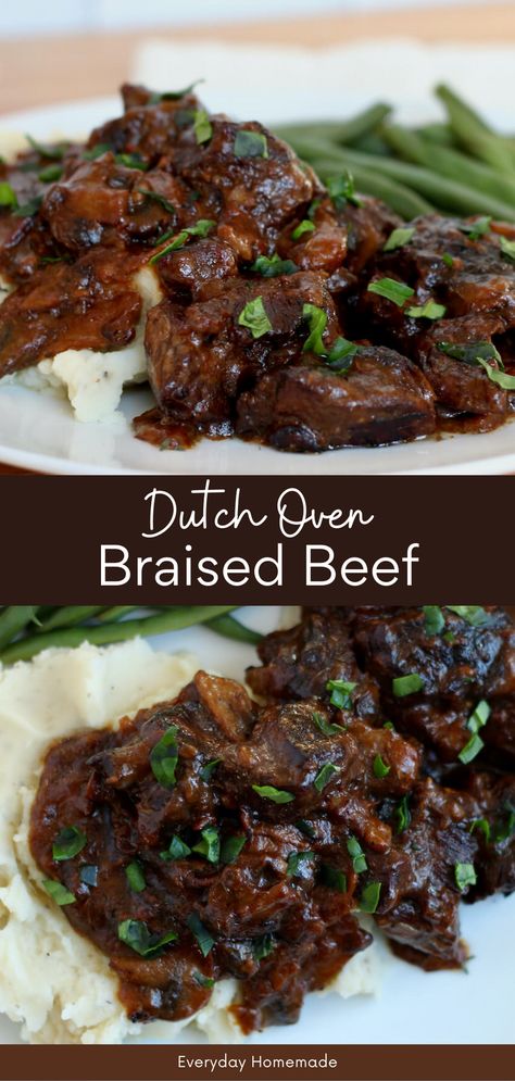 Simplify your dinner routine with this easy one-pot Dutch Oven Braised Beef. Indulge in the rich, tender goodness of beef steak tips enveloped in a savory mushroom gravy. This comfort food classic is easy to make and perfect for those cozy nights. Dutch Oven Steak, Dutch Oven Roast Beef, Beef And Mushroom Recipe, Oven Steak, Braised Beef Stew, Comforting Recipes, Steak With Mushroom Gravy, Braised Beef Recipes, Easy Oven Recipes