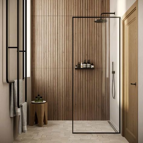 Nobu Ribbon Tan Brown 24x48 Wood Look Matte Porcelain Tile Wood Bathroom Tile Wall, Exposed Sink Bathroom, Bathroom With Soffit Above Vanity, Clean Modern Home Decor, Recessed Shower Floor, Principal Bathroom Design, Anne Sacks Tile Bathroom, Bathroom Ideas With Wood Walls, Wood Floor Accent Wall