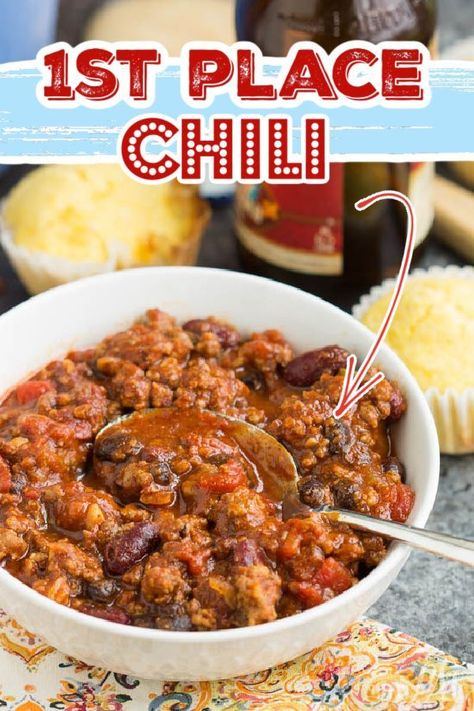 First Place Chili Recipe, Chilli Recipe Crockpot, Winning Chili Recipes, Award Winning Chili Recipe, Spicy Chili Recipe, Homemade Chili Recipe, Ground Beef Chili, Beef Chili Recipe, Chile Recipes