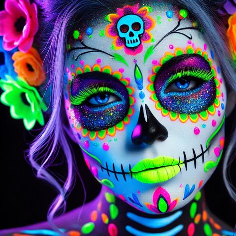 Sugar Skull Kids Makeup, Pretty Sugar Skull Makeup, Rainbow Sugar Skull Makeup, Neon Sugar Skull Makeup, Skeleton Makeup Colorful, Colorful Catrina Makeup, Skull Makeup Colorful, Catrinas Neon Makeup, Halloween Neon Makeup