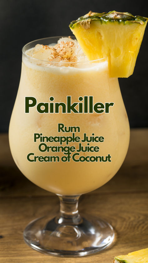 Painkiller Pineapple Cocktails, Painkiller Recipe, Painkiller Cocktail, Frappe Recipe, Summer Drinks Alcohol, Cocktail Drinks Alcoholic, Mixed Drinks Alcohol, Yummy Alcoholic Drinks, Tiki Drinks