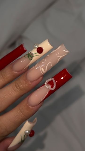 KATE SANCHEZ 💓 on Instagram: "cherries,lace & pearls🍒🤍

•silk
•red gel 016
•creme gel 004
•gloss topcoat 
@elegancenailsupply code KATE to save $ 🍒

-

-

-

#nailart#acrylics#nails#nailsoftheday#nailinspo#nailsofinstagram#nailsofig#acrylics#bombnails#explore#explorepage#nailsoftheday#nailsart#nails2inspire#nudenails#nailporn#springnails#spring#mattenails#strawberry#lacenails#pink#coquettenails#pinknails#strawberrynails#XLnails#nailreels#reels#cherrynails#coquette#coquetteasthetic#rednails" Cherry Nails Long, Pink Sugar Nails, Cherry Nails Acrylic, Long Fall Nails, Acrylics Nails, Fall Acrylic, Sugar Nails, Cherry Nails, Fall Acrylic Nails