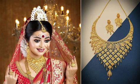 Jewellery for Bengali bride Bengali Wedding Gold Necklace, Bengali Wedding Jewellery Gold, Bengali Jewellery Traditional, Modern Bengali Bride, Bengali Bridal Jewellery, Jewellery Guide, Bengali Jewellery, Bengali Bride, Bride Necklace