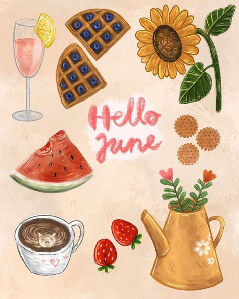 •Narumie illustrations•’s Instagram profile post: “🍉•Hello June•🌻 Hi guys❤️ I draw some things, which reminds me of June. Sweet watermelon, sunflowers, summer party, etc..🌞 I’m curious…” Hello June Illustration, June Astethic, August Illustration, June Images, Summer Plates, June Illustration, June Aesthetic, June Wallpaper, Welcome Pictures