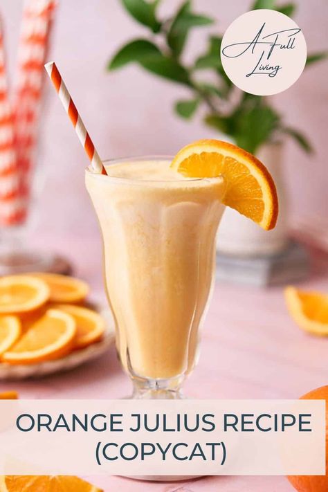 Skip the mall food court, and make this Orange Julius Recipe at home! This copycat recipe tastes like an orange creamsicle and is sure to satisfy. It's the perfect replacement for the nostalgic drink, made with only 5 ingredients in 5 minutes. Original Orange Julius Recipe, Orange Julius Recipe Original, Orange Creamsicle Drink, Orange Julius Copycat Recipe, Copycat Drink Recipes, Orange Julius Recipe, Orange Juice Drinks, Oatmeal Creme Pie, Mall Food Court