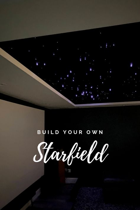 Starlight Bedroom Ideas, Led Lights Game Room Ceiling, Game Room Lighting Ideas Ceiling, Home Theater With Fireplace, Tray Ceiling Design Ideas, New Home Technology, Galaxy Ceiling Lights, Theater Room Ceiling Ideas, Small Media Room Ideas On A Budget