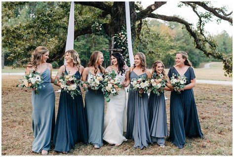 Kelsey + Ian | A Fall Wedding at Rockhurst Farm - beckys brides January Wedding Colors, November Wedding Colors, Bridal Party Looks, Mismatched Bridesmaid Dresses Blue, Fall Ombre, Navy Blue Bridesmaids, Different Shades Of Blue, Fall Bridesmaid Dresses, Birmingham Wedding