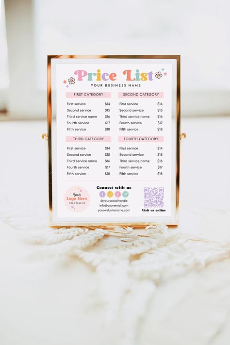 Floral Retro DIY Printable Price List Canva Template, Editable Pricing Sheet, Salon Price List, Pricing Guide, Printable Payment Sign, Becka - Etsy Pop Up Shop Price List Ideas, Price Signs Display Ideas, Popup Setup, Price List Template Design, Salon Aesthetic, Payment Sign, Farmers Market Display, Retro Diy, Price List Design