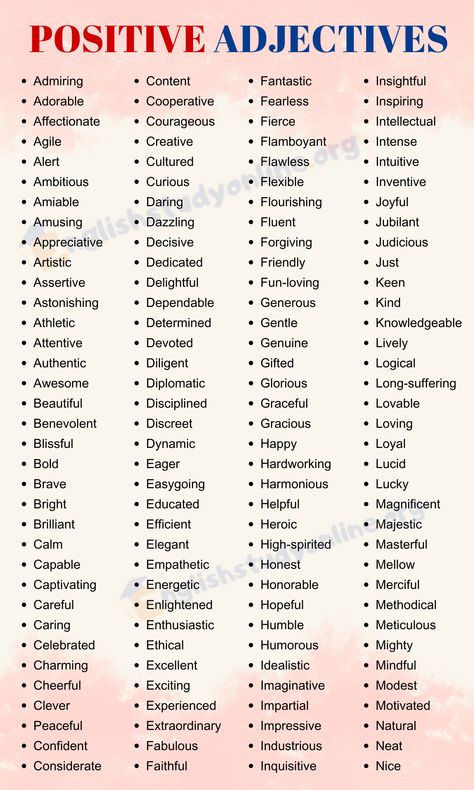 The Ultimate List of 1000+ Positive Adjectives for Daily Use - English Study Online Enchanting Words List, Beautiful Descriptive Words, Positive Feelings List, Best Words To Describe A Person, List Of Words For Writing, Beautiful Adjectives, Adjective Word List, Adjectives In English, Improving English