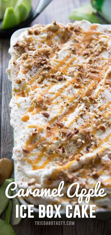 No Bake Caramel Apple Icebox Cake is perfect for your parties and get togethers this season. Light, fluffy & wonderfully decadent you'll immediately fall in love with this treat! #cheesecake #cake #dessert #food #foodie #yummy #homemade #desserts #cakes #baking #delicious #foodphotography #cheesecakelovers #sweet #cookies #birthdaycake #bakery #cheesecakes Caramel Apple Icebox Cake, Apple Icebox Cake, Fall Ice Box Cake, Christmas Ice Box Cake, No Bake Caramel Apple Delight, Fall Icebox Cake, Easy Ice Box Cake, No Bake Caramel Apple Cheesecake, No Bake Apple Cheesecake