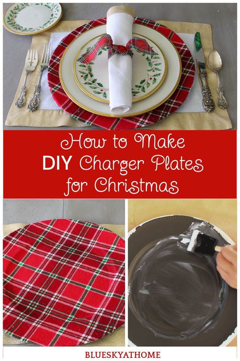 How to Make DIY Charger Plates for Christmas. Learn how to use Dollar Tree chargers to create plaid chargers for your Christmas tablescape. Mod Podge Charger Plates, Charger Plate Setting, Decoupage Christmas Plates, Upcycle Charger Plates, Christmas Charger Plates Diy, Crafts Using Charger Plates, Diy Plate Chargers Ideas, Charger Plates Decor Ideas, Dollar Tree Charger Plate Crafts