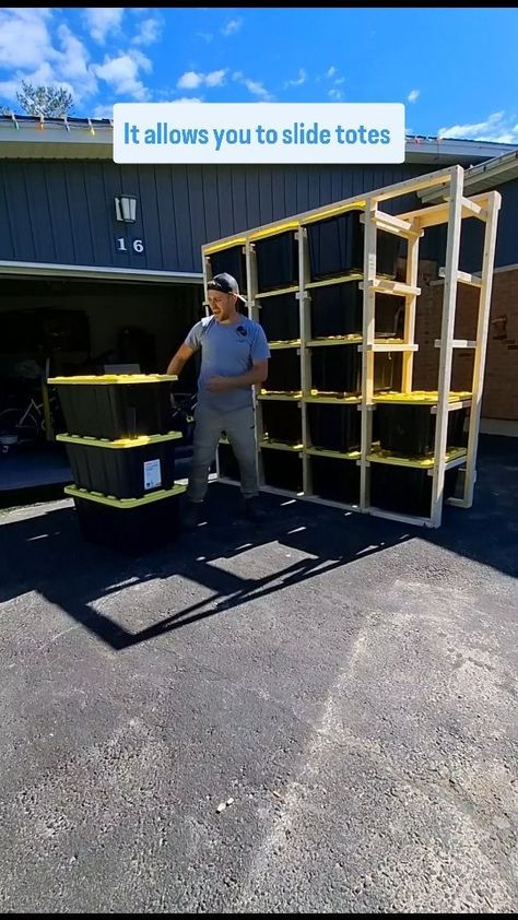 Ben Meyers | DIY TOTE STORAGE RACK step by step build tutorial for 102L or 27G totes. The materials for this project including the totes costs $250 it… | Instagram Tote Shelves Diy, Tote Storage Rack, Diy Tote Storage Rack, Life Jacket Storage, Wood Storage Ideas, Diy Storage Shelves, House Garage, Diy Tote, Storage Idea