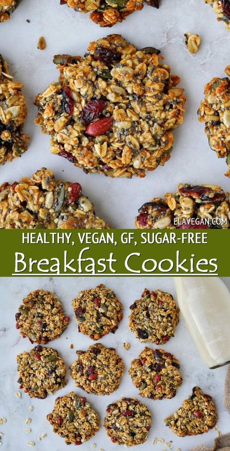 These healthy breakfast cookies are full of wholesome, nourishing ingredients like oats, seeds, dried fruit, and date paste to naturally sweeten them! Along with packing a nutritional punch, they are gluten-free, dairy-free, sugar-free, and oil-free! #breakfastcookies #healthycookies #sugarfreecookies #vegancookies #glutenfreecookies #elasrecipes | elavegan.com Date Paste, Sugar Free Breakfast, Oatmeal Breakfast Cookies, Breakfast Cookie Recipe, Breakfast Cookies Healthy, Healthy Vegan Breakfast, Sugar Free Cookies, Healthy Sugar, Gluten Free Sugar Free