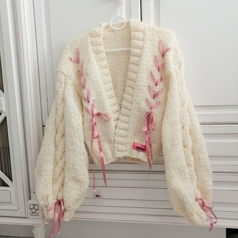 Y2k Aesthetic Grunge, Ribbon Bow Tie, Crochet Sweater Design, Crochet Hoodie, Puff Sleeve Cardigan, Coats Vintage, Oversize Pullover, Knitting Women Cardigan, Vintage Ribbon